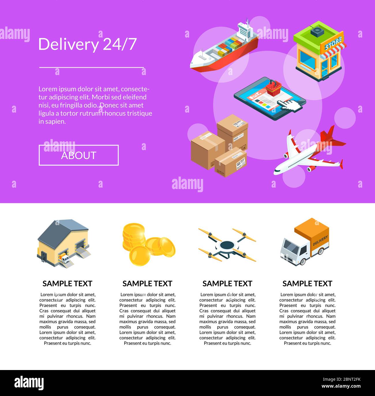 Vector isometric logistics and delivery icons landing page template ...