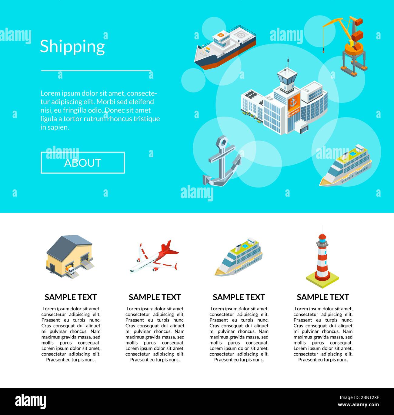 Vector isometric marine logistics and seaport landing page template illustration Stock Vector