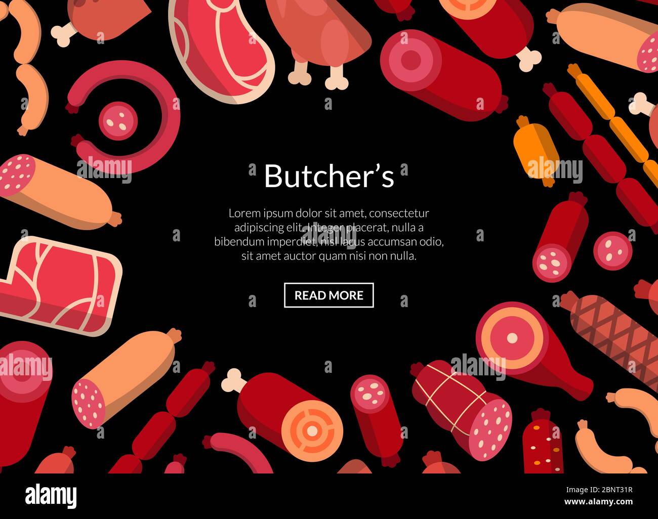Vector flat meat and sausages icons pattern or background illustration Stock Vector