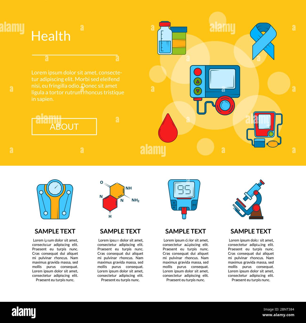 Vector colored diabetes icons web page template Stock Vector