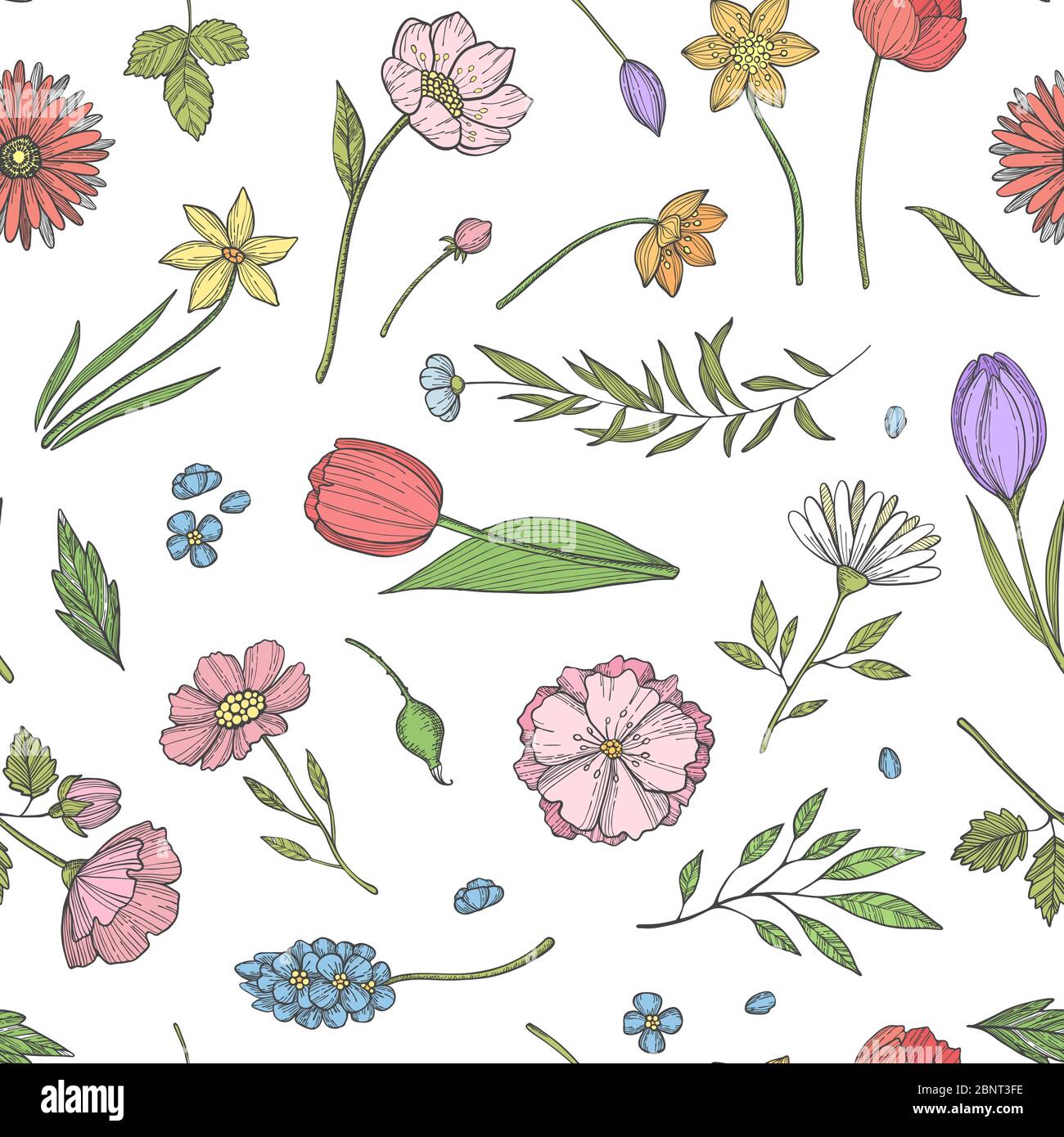 Vector hand drawn flowers pattern or background illustration Stock ...