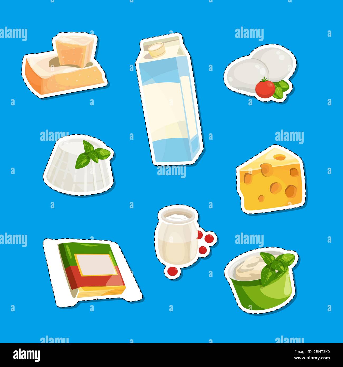 Vector cartoon dairy and cheese products stickers set illustration