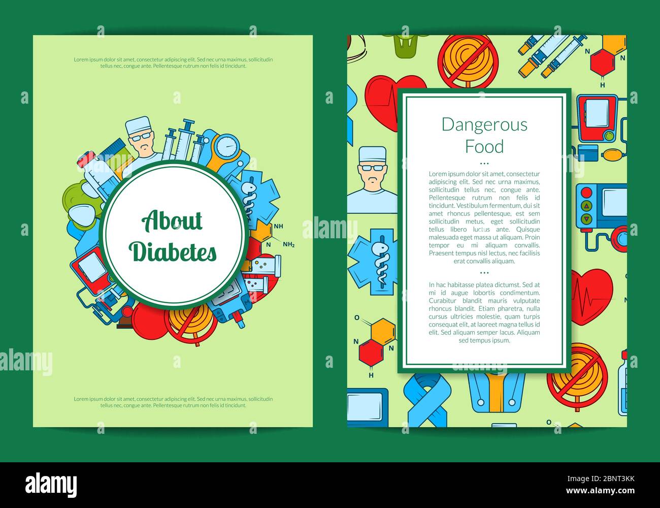 Vector colored diabetes icons card or flyer Stock Vector