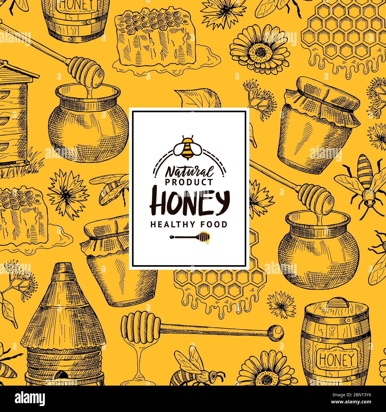 Vector background with sketched contoured honey theme elements with ...