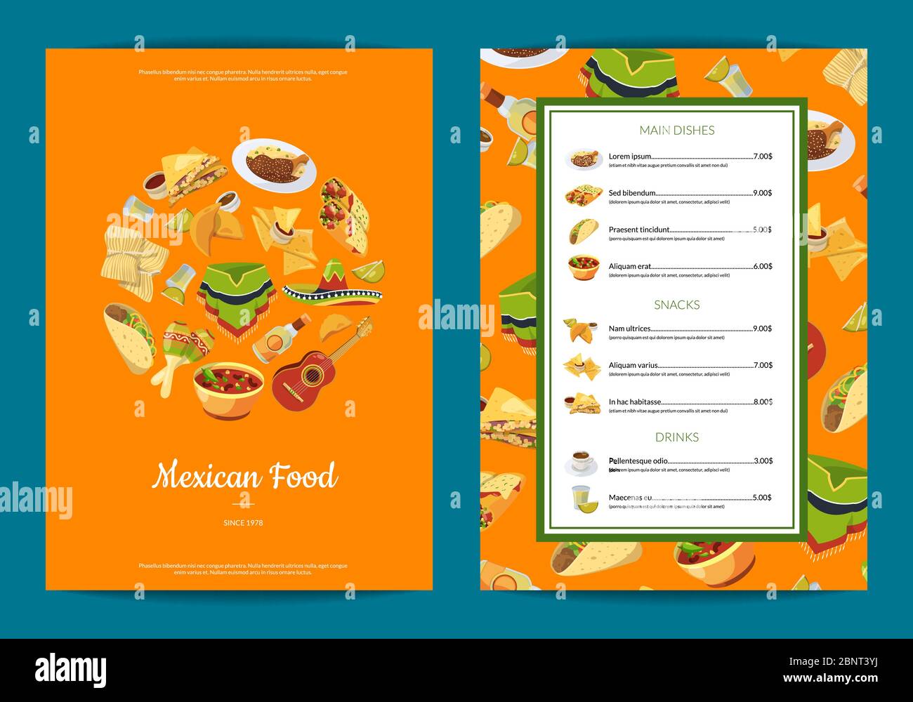 Vector cartoon mexican food cafe or restaurant menu template illustration Stock Vector