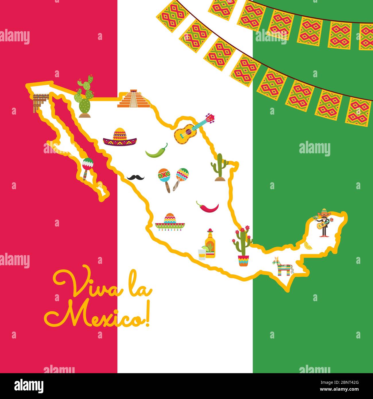 Vector flat Mexico attributes on map mexican flag Stock Vector