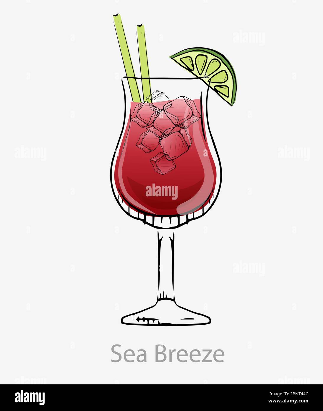 Sea breeze cocktail. Red cocktail ice cubes green straws lime wedge. Stock Vector
