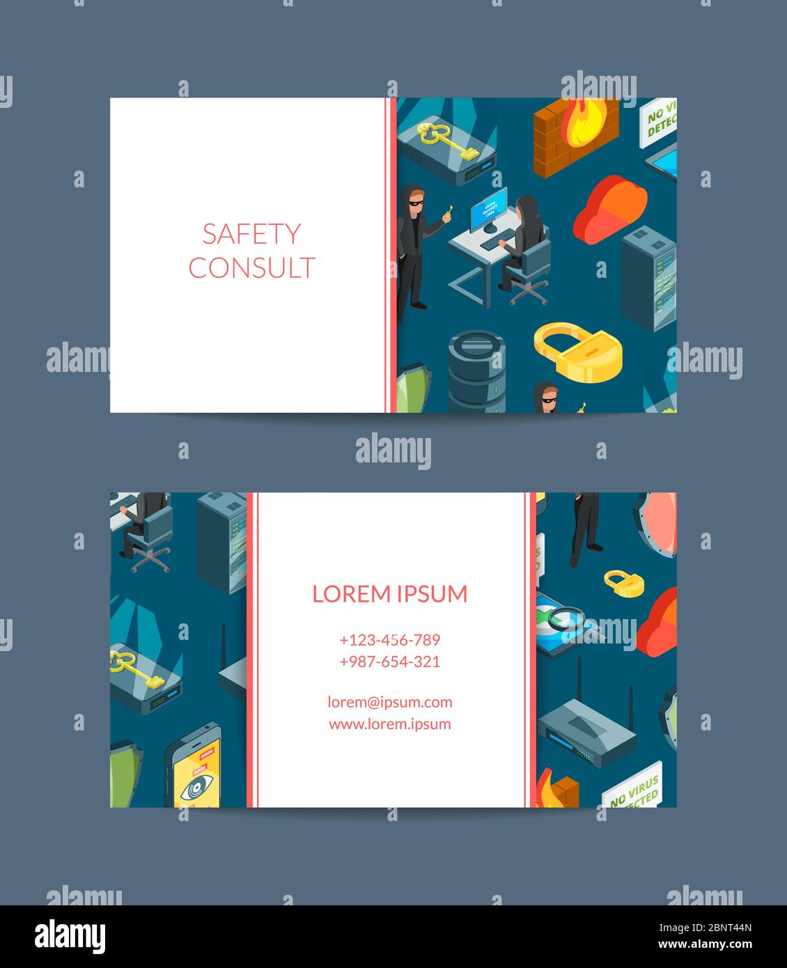 Vector isometric data and computer safety icons business card Stock Vector