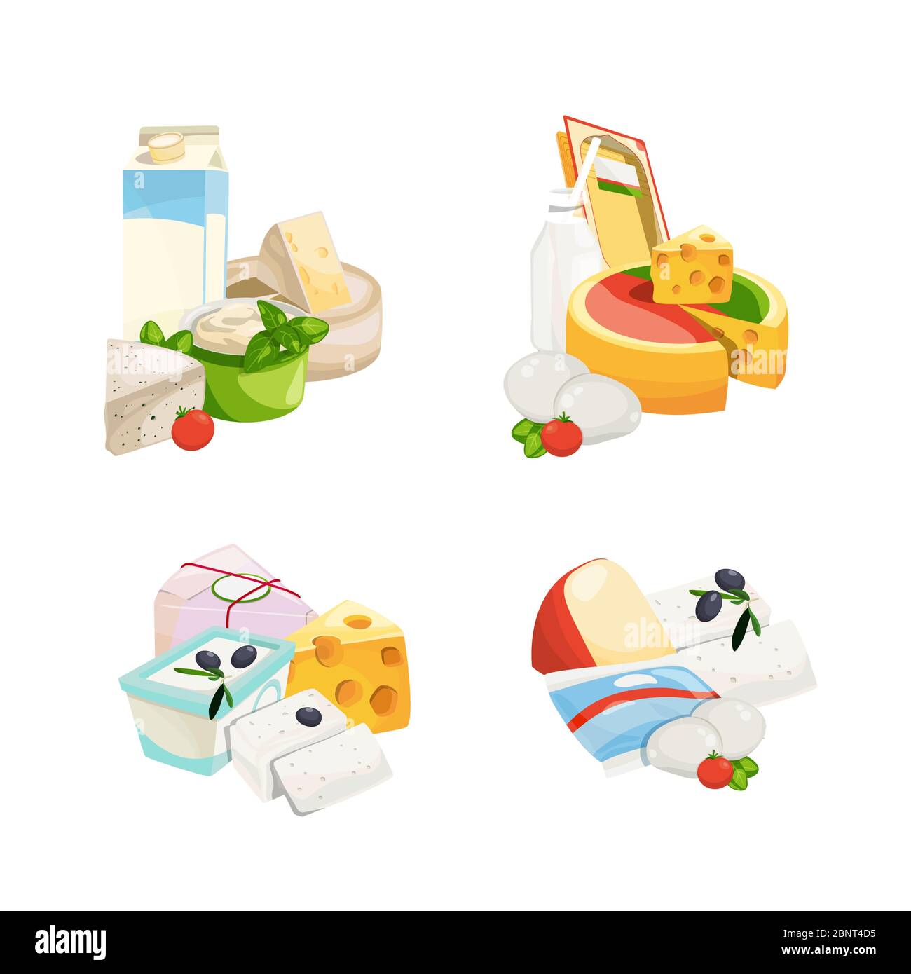 Vector cartoon dairy and cheese products piles set isolated on white background illustration Stock Vector