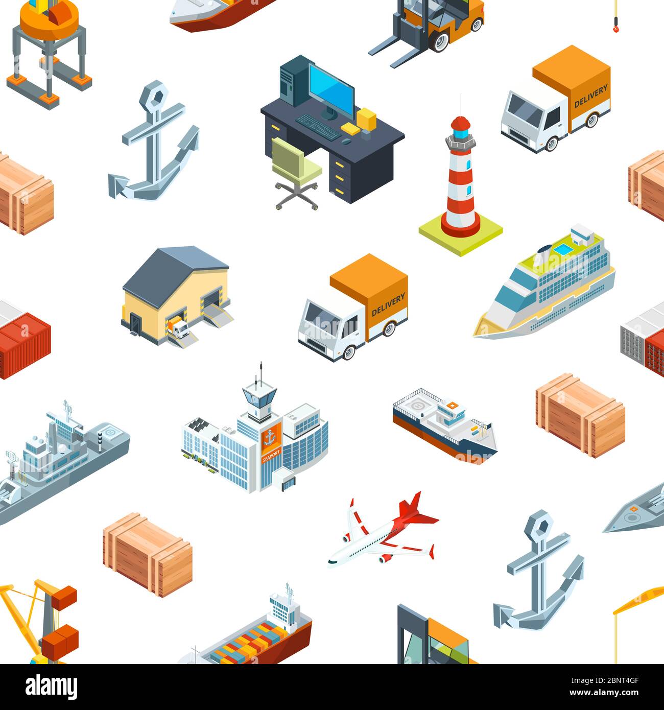 Vector isometric marine logistics and seaport pattern or background illustration Stock Vector