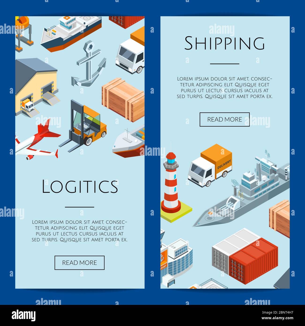 Vector isometric marine logistics and seaport web banner templates illustration Stock Vector