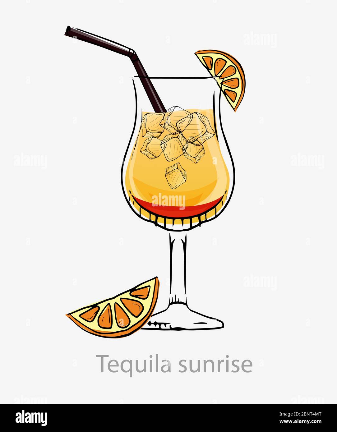 Tequila sunrise cocktail. Yellow cocktail ice cubes orange slice straws. Stock Vector