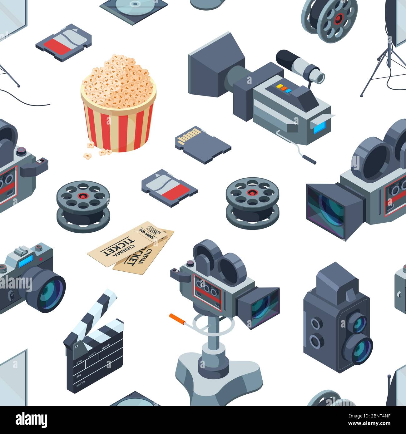 Vector cinematograph isometric elements pattern or background illustration Stock Vector