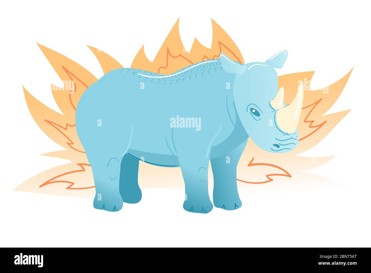 Rhinoceros postcard in flat style on white background. Cartoon blue animal character. African mammal Cute design. Rhino in yellow bush vector illustration. Kids zoo greeting card isolated clipart. Stock Vector