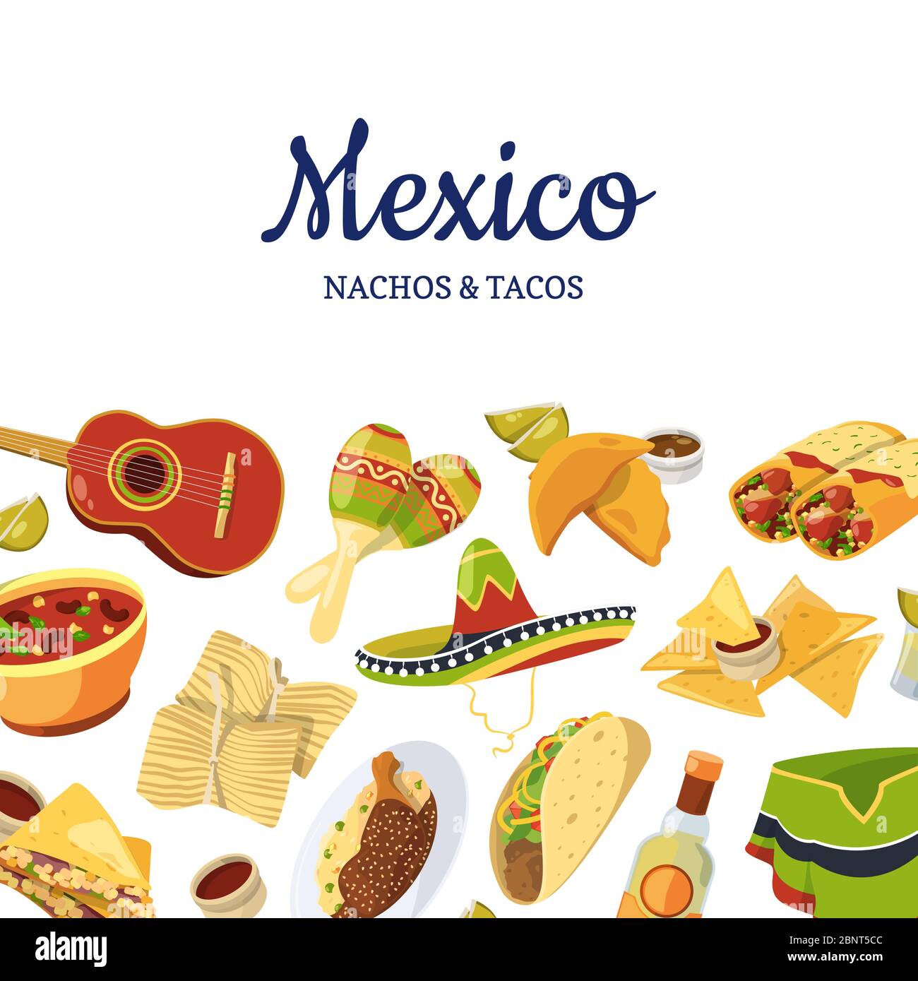 Vector cartoon mexican food background with place for text illustration Stock Vector