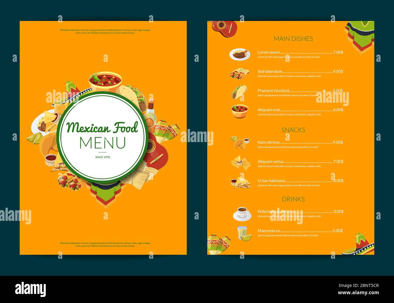 Vector cartoon mexican food cafe restaurant menu template illustration Stock Vector