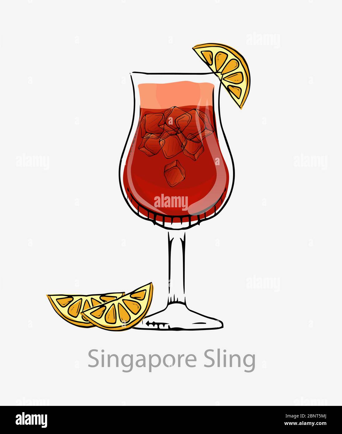 Cocktail singapore sling. Red cocktail ice cubes orange slice long drink alcohol gin. Stock Vector