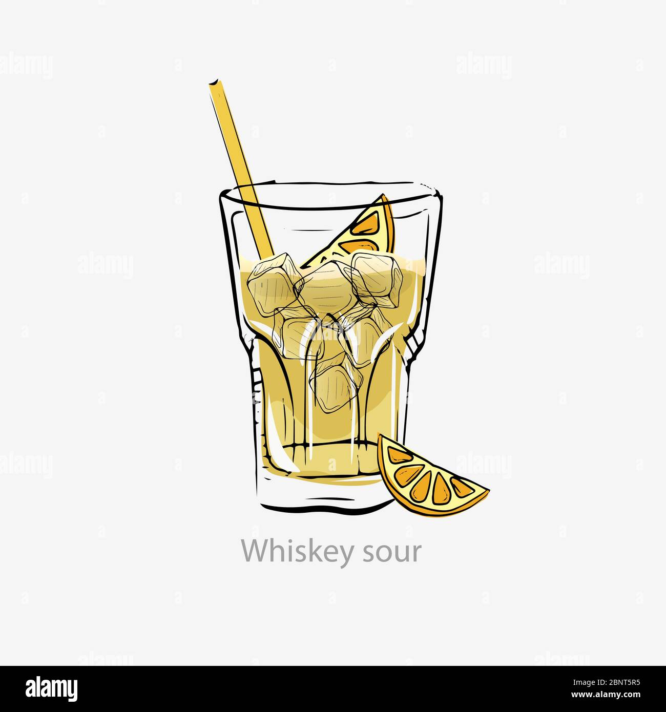 Sour whiskey cocktail. Yellow cocktail ice cubes, orange slice straw. Stock Vector