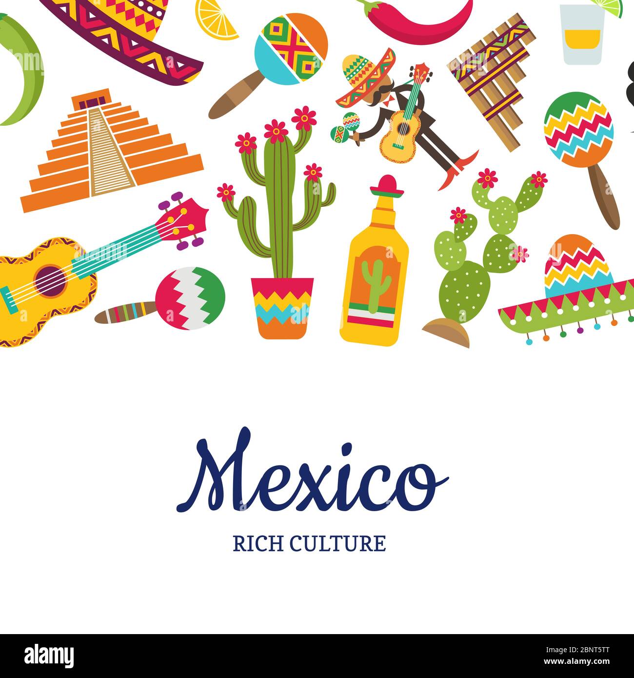 Vector flat Mexico attributes background with place for text illustration Stock Vector