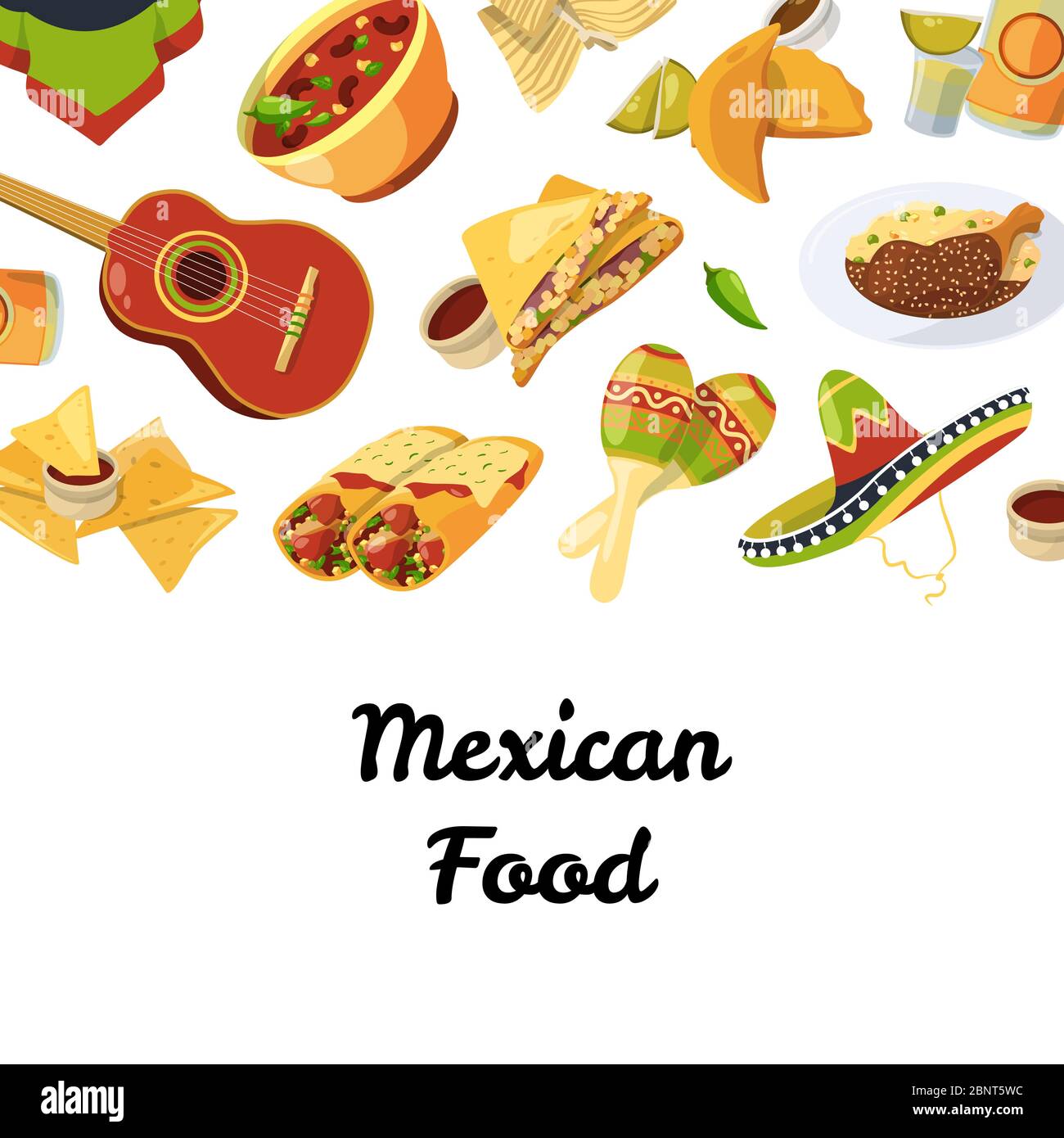 Vector cartoon mexican food background illustration flat Stock Vector
