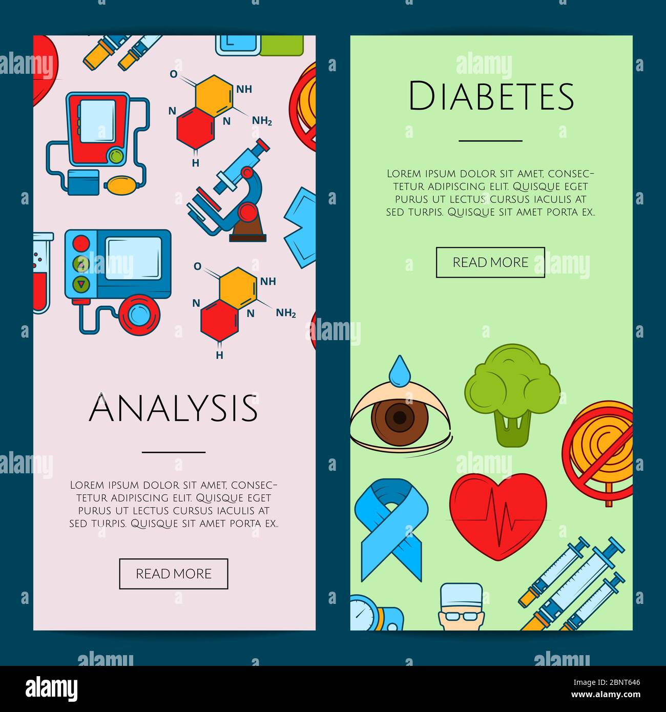 Vector colored diabetes icons web banner illustration Stock Vector
