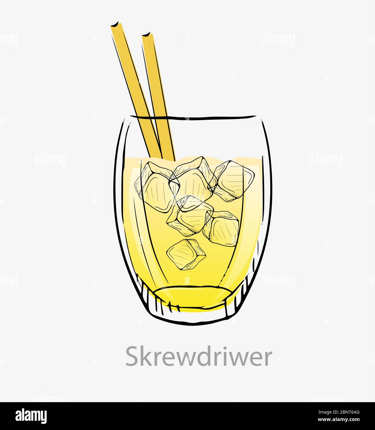 Cocktail screwdriver. Yellow cocktail ice cubes yellow straws long drink alcohol. Stock Vector
