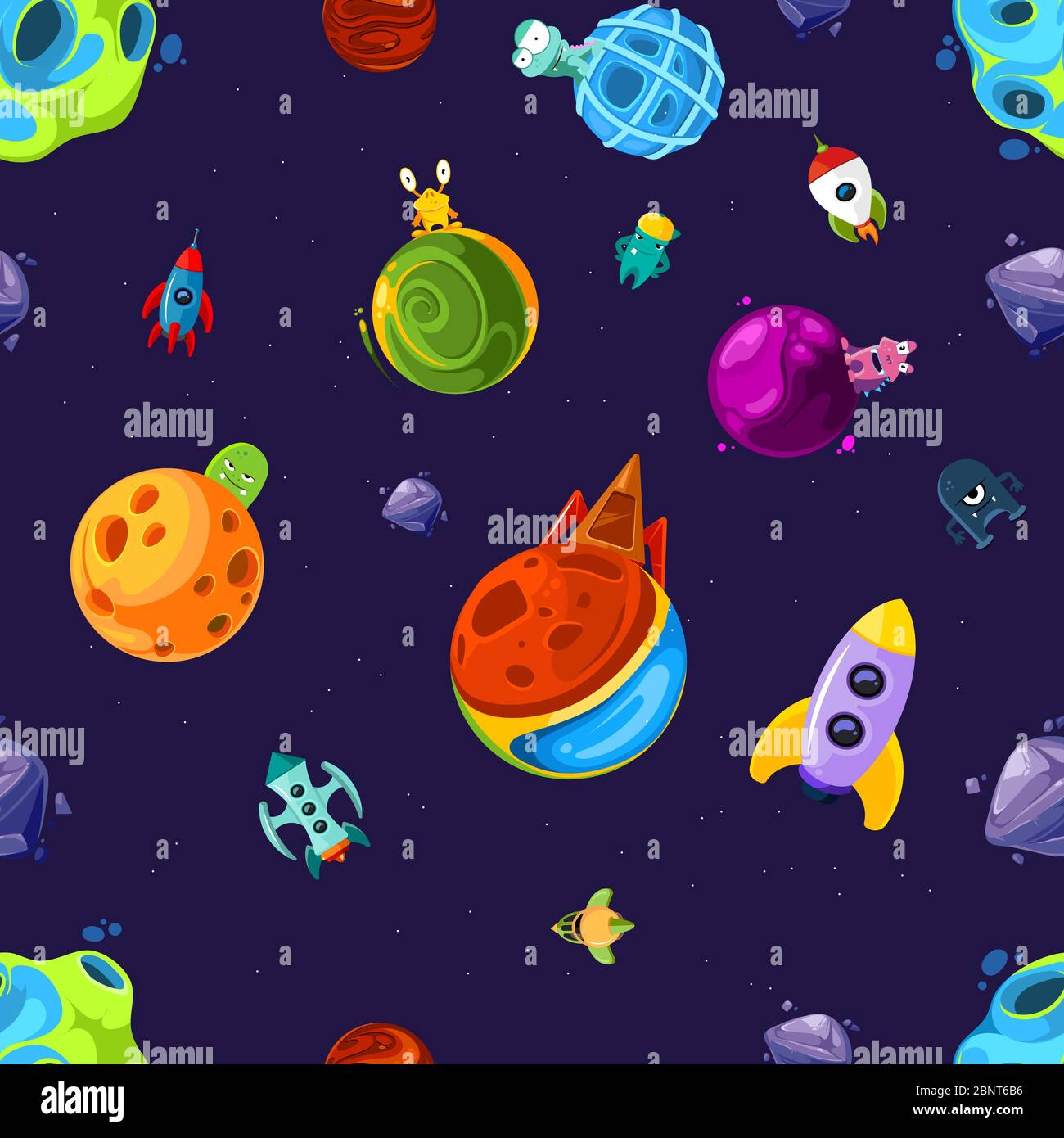 Vector pattern or background illustration with cartoon space planets and ships Stock Vector