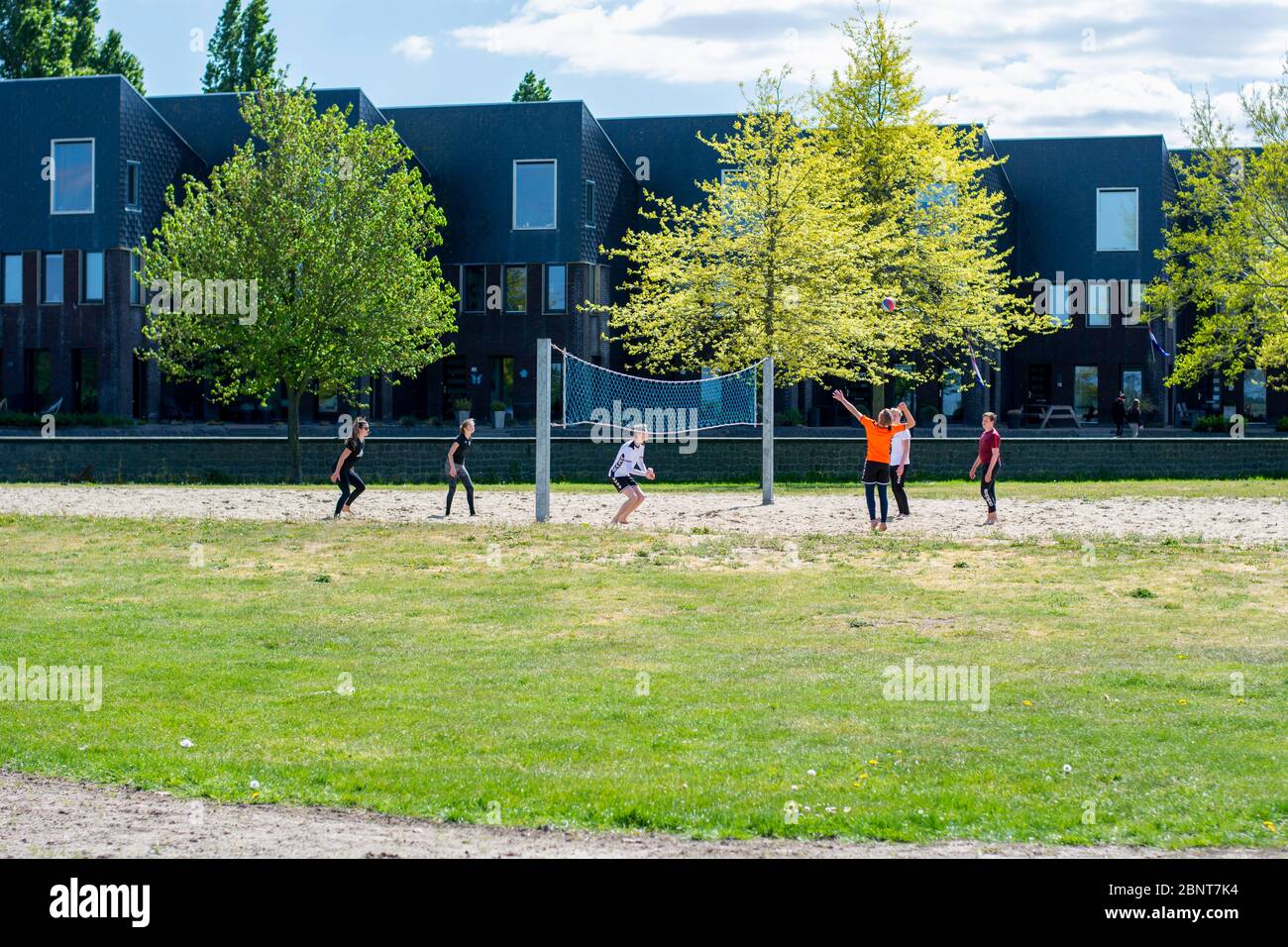 Group of teenagers playing outdoor volleyball at city park in Zwolle, The Netherlands. Houses in the background. Healthy lifestyle recreation concept Stock Photo