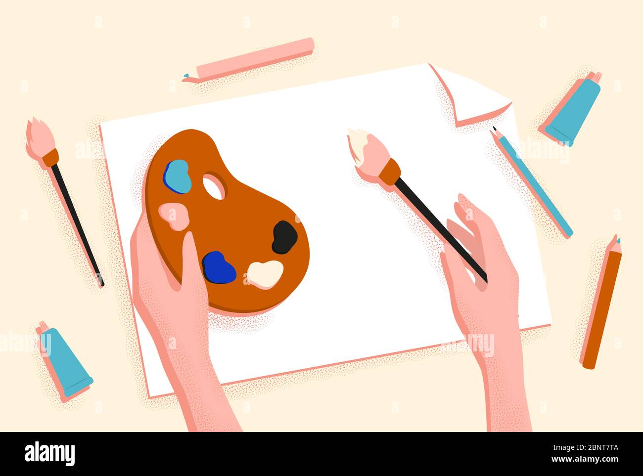 Female hands drawing picture with brush, paint and pencil vector graphic illustration Stock Vector
