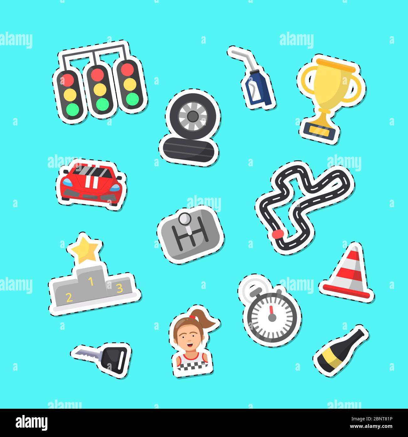 Vector flat car racing icons stickers set illustration Stock Vector