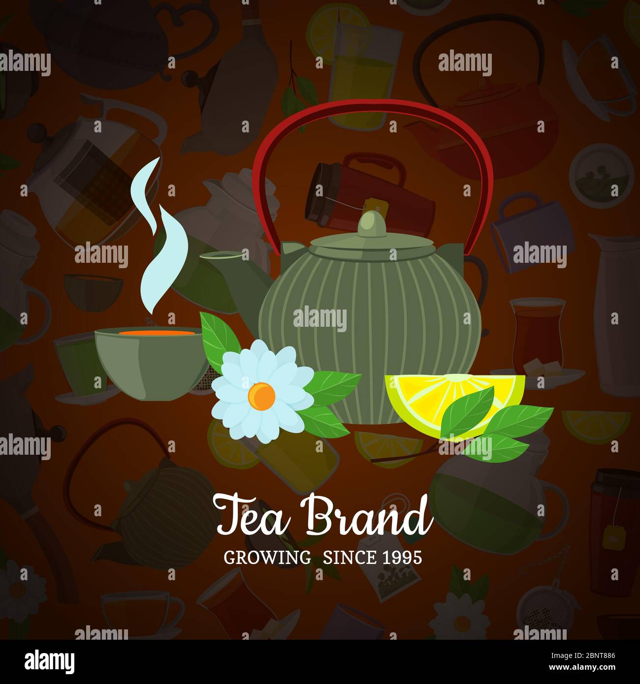 Vector cartoon tea kettles and cups background with place for text