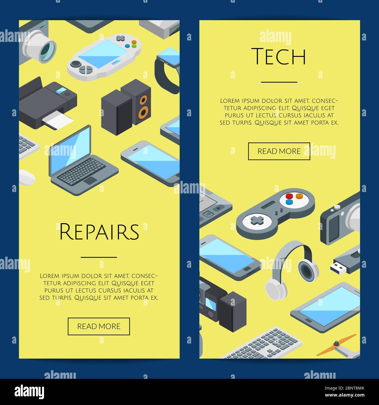 Gadgets banners. Vector isometric gadgets icons web illustration Stock Vector
