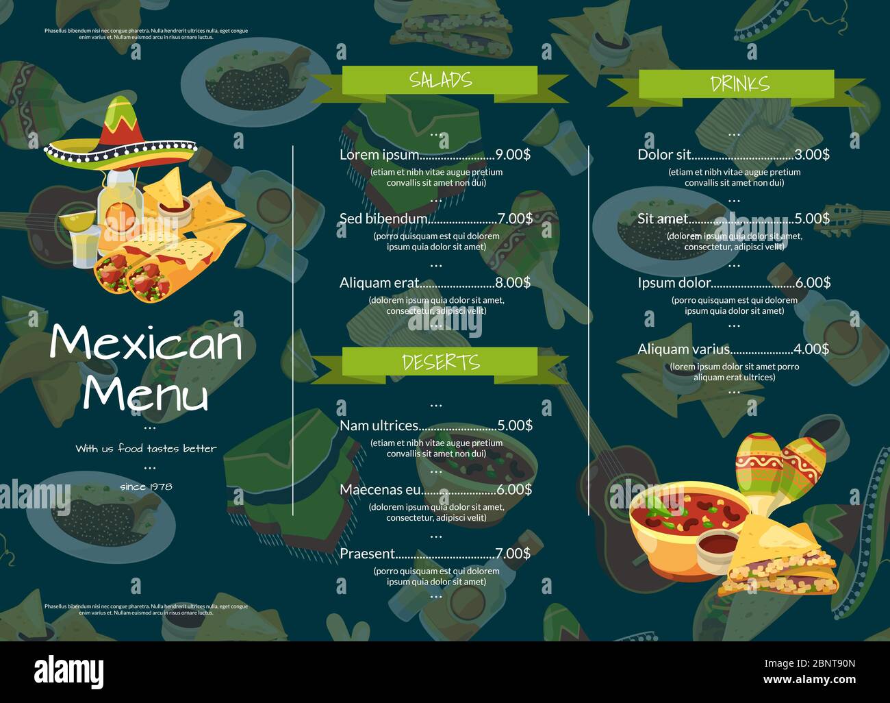 Vector cartoon mexican food cafe or restaurant menu template illustration Stock Vector