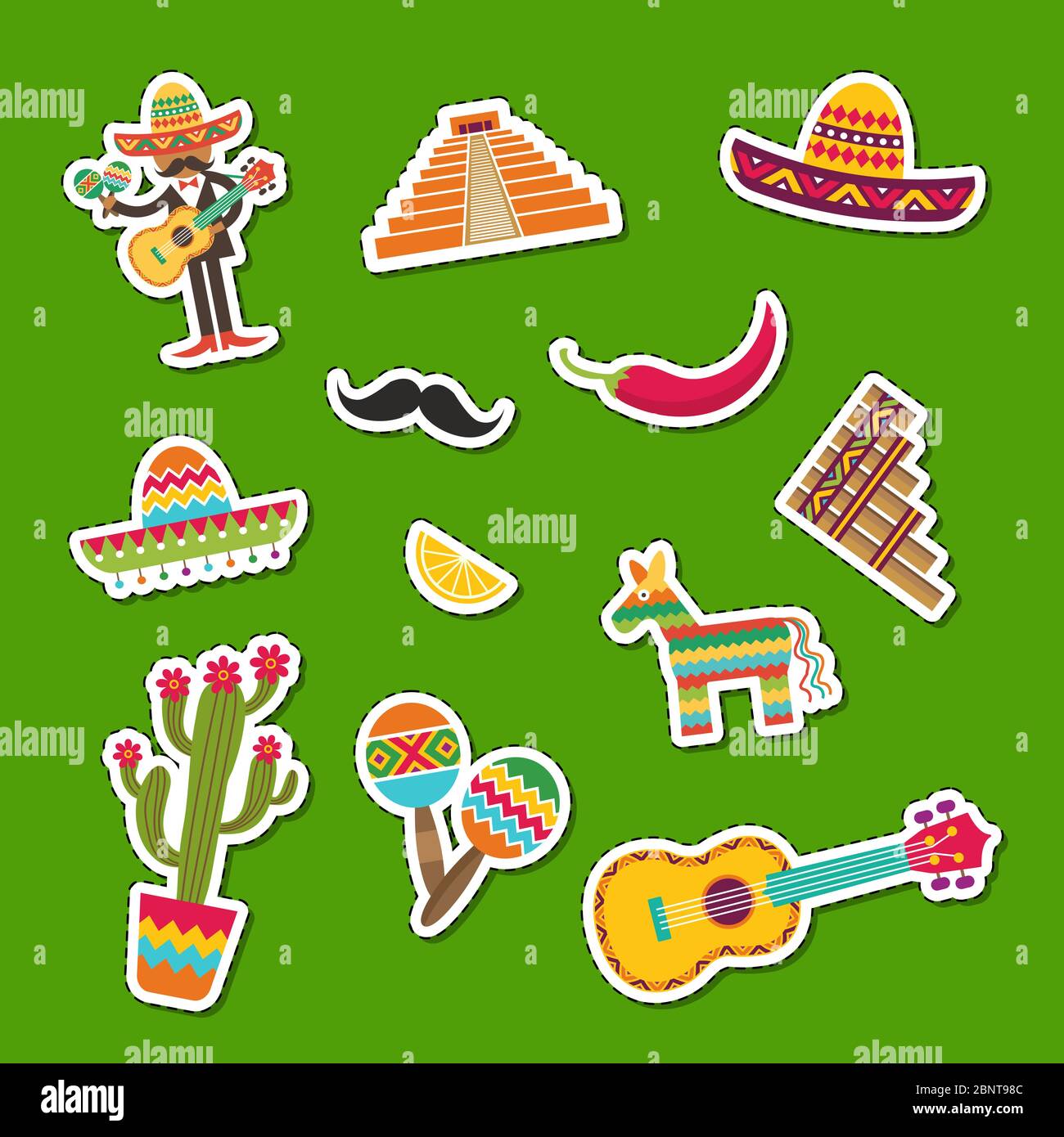 Vector flat Mexico attributes sticker set illustration Stock Vector