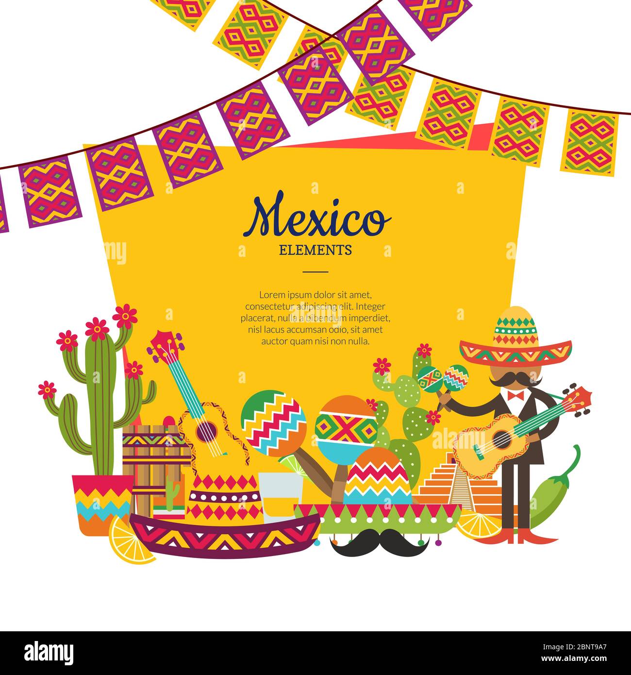Vector flat Mexico attributes below frame with place for text and garlands illustration Stock Vector