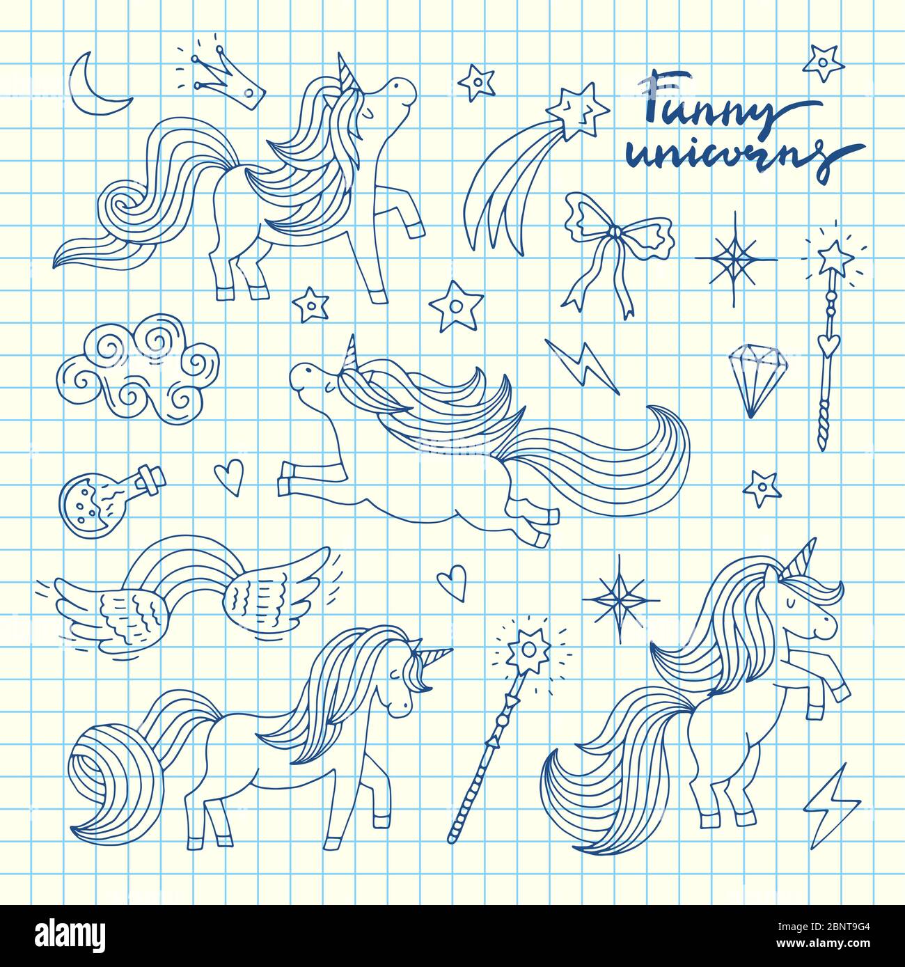 Vector cute hand drawn magic unicorns and stars set on blue cell sheet background illustration Stock Vector