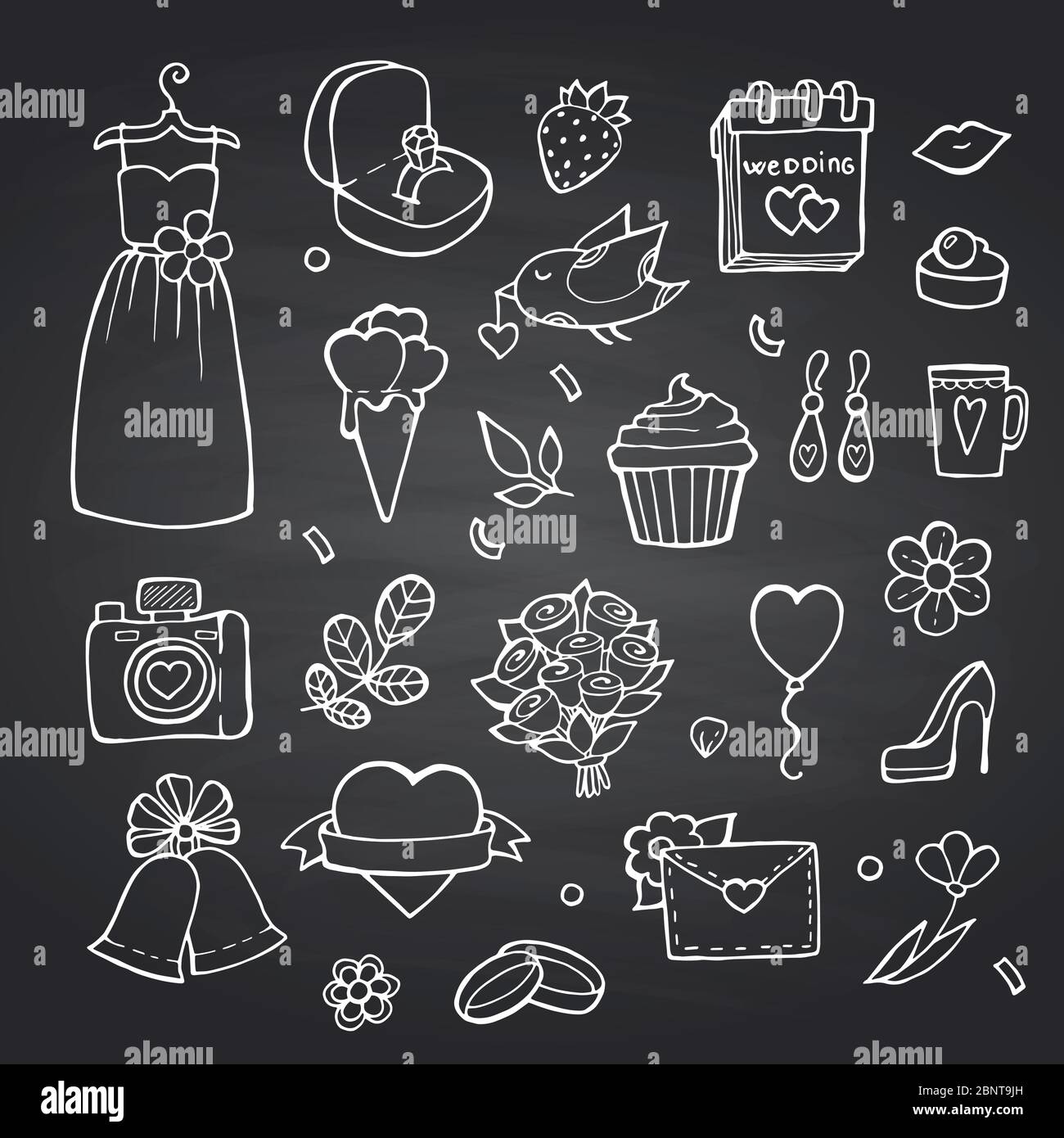 Vector doodle wedding elements set on black chalkboard background ...