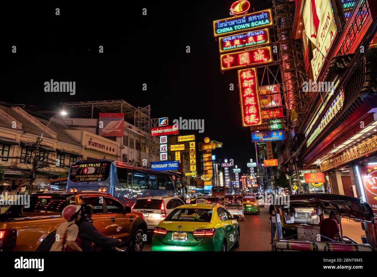 Yaowarat, Bangkok / Thailand - February 11, 2020: Traffic jam in Yaowarat Road, tourists are known as China Town or Chinatown, night photo Stock Photo