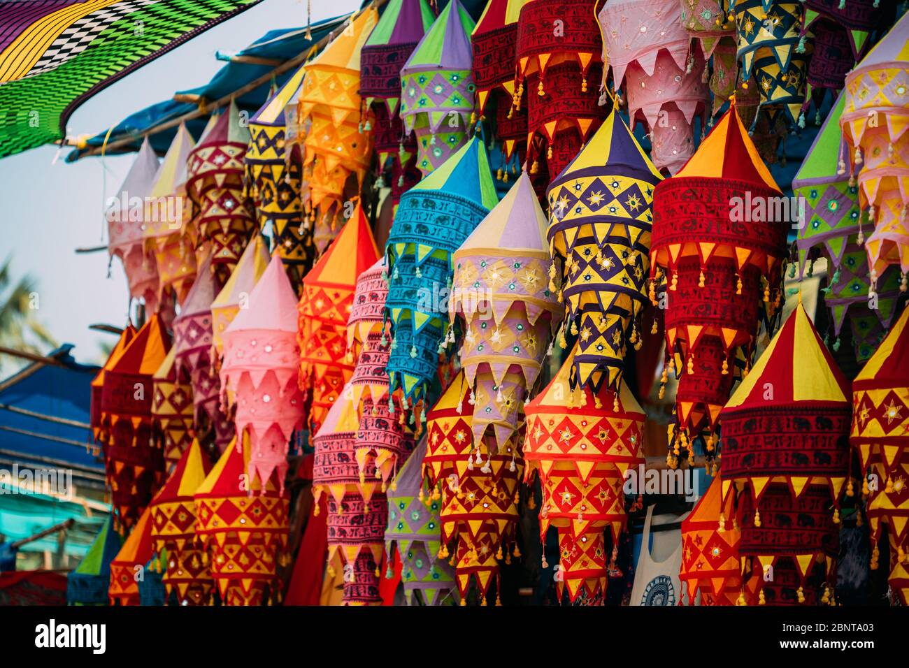 India. Market With Many Traditional Colorful Handmade Indian Fabric Lanterns.  Popular Souvenirs From India Stock Photo - Alamy