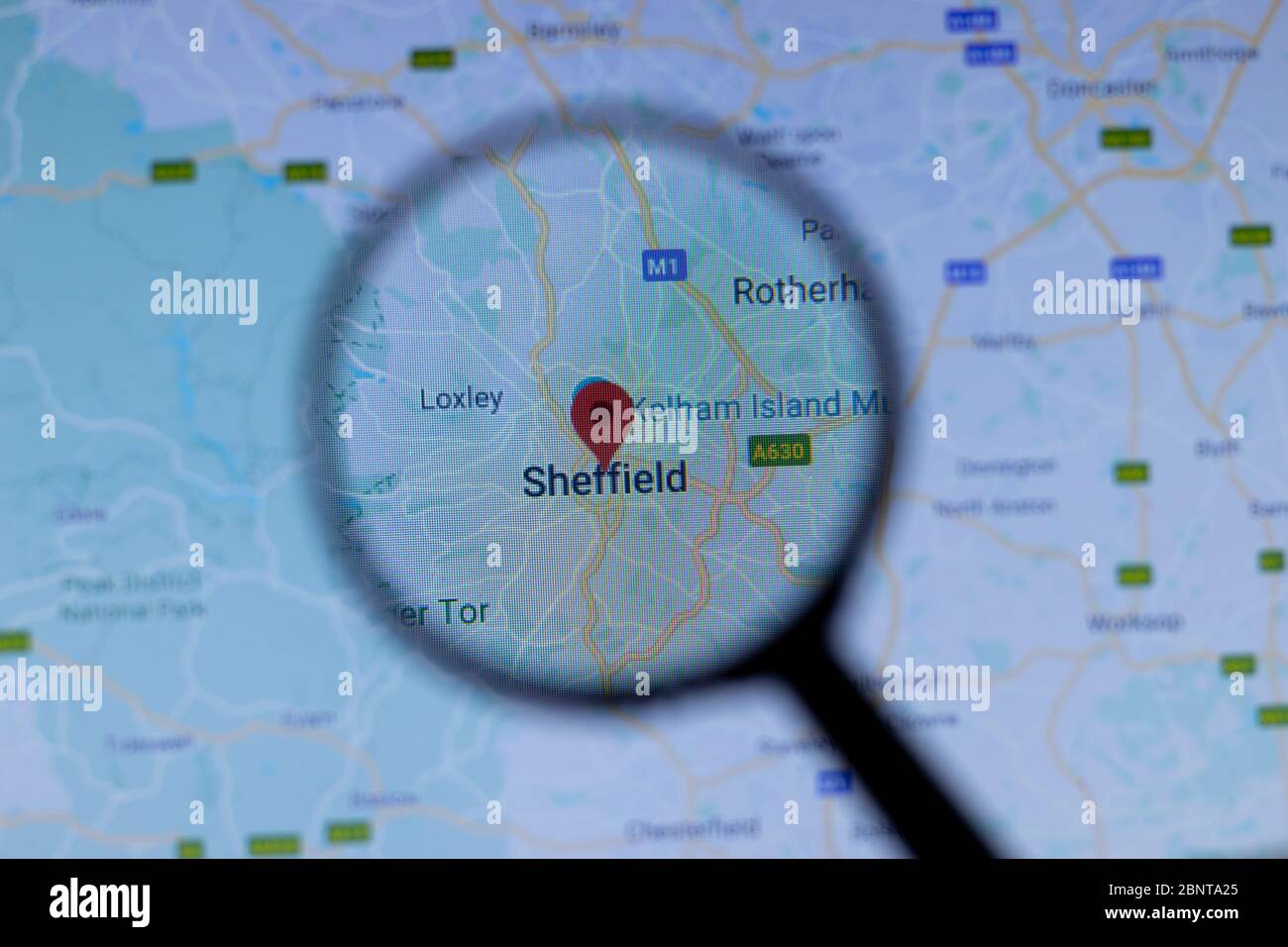 Los Angeles, California, USA - 1 May 2020: Sheffield City Town name with location on map close up, Illustrative Editorial Stock Photo
