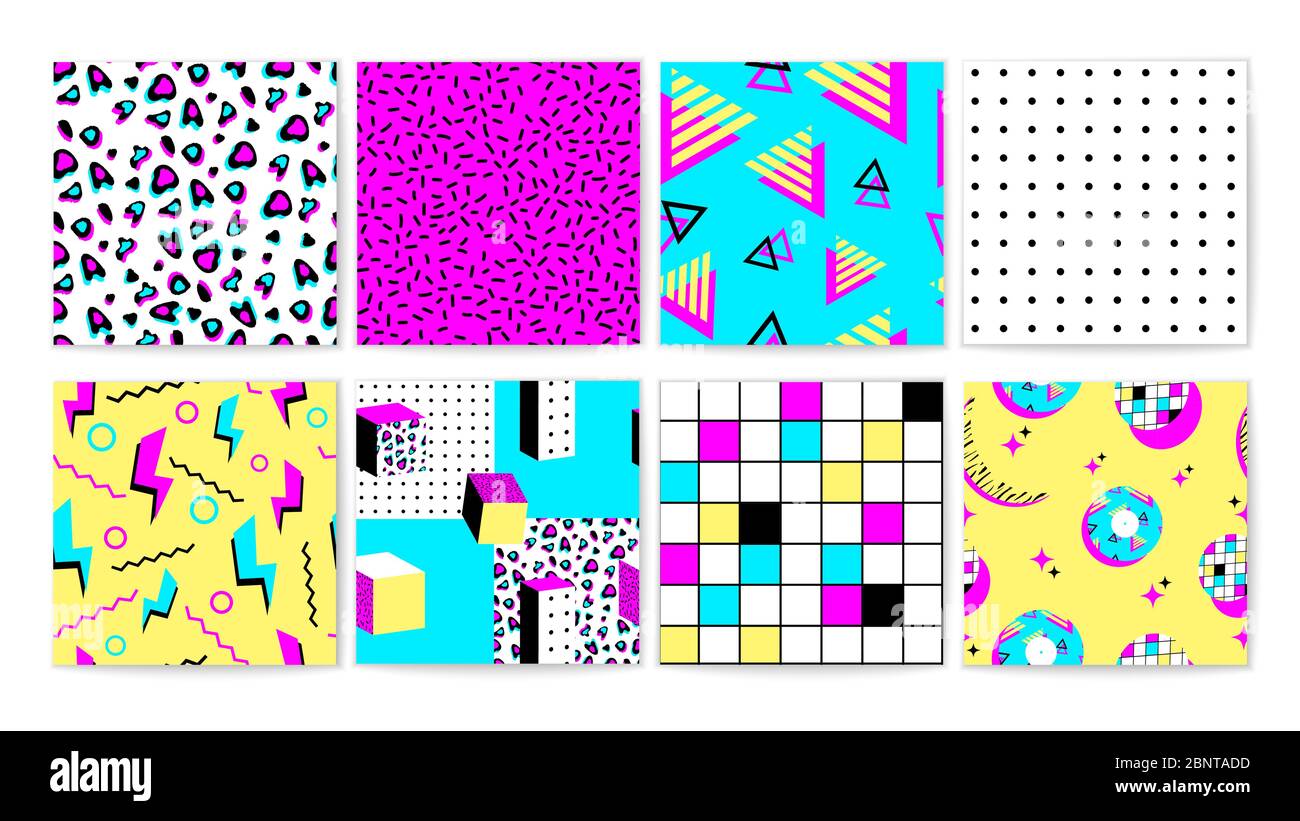 Set of different bright 90s vibrant seamless pattern vector graphic illustration Stock Vector