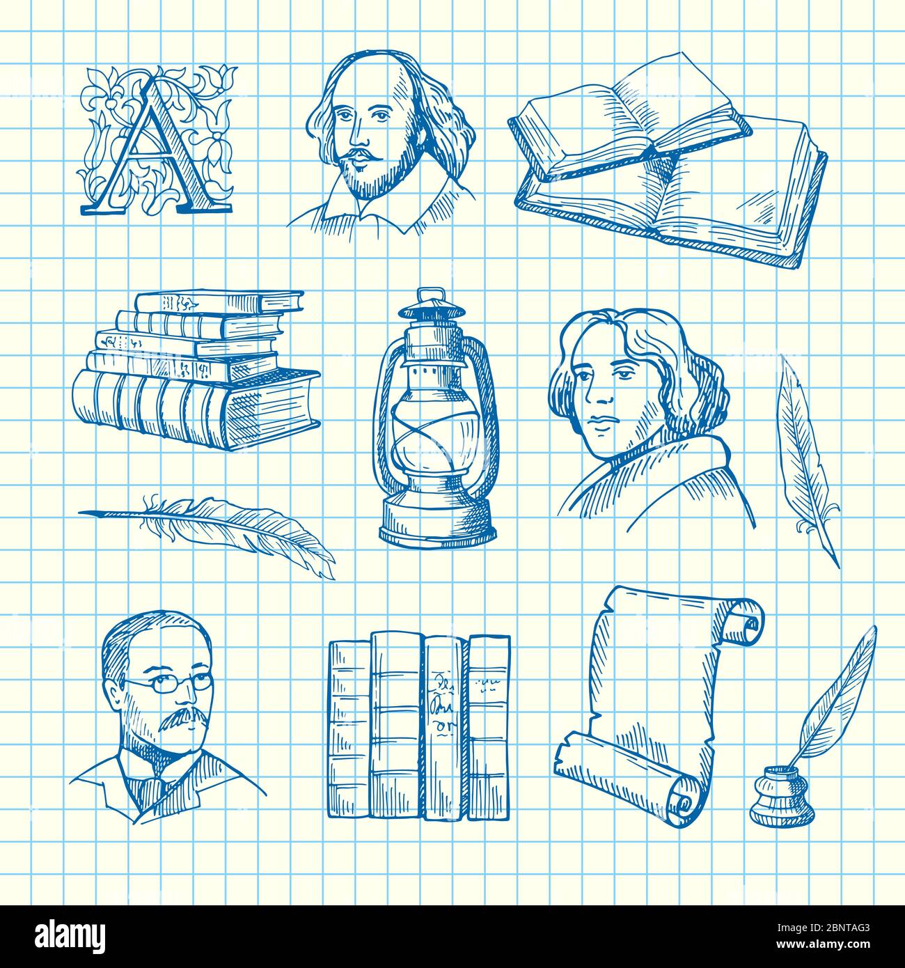 Vector hand drawn theatre elements set on blue cell sheet background illustration Stock Vector