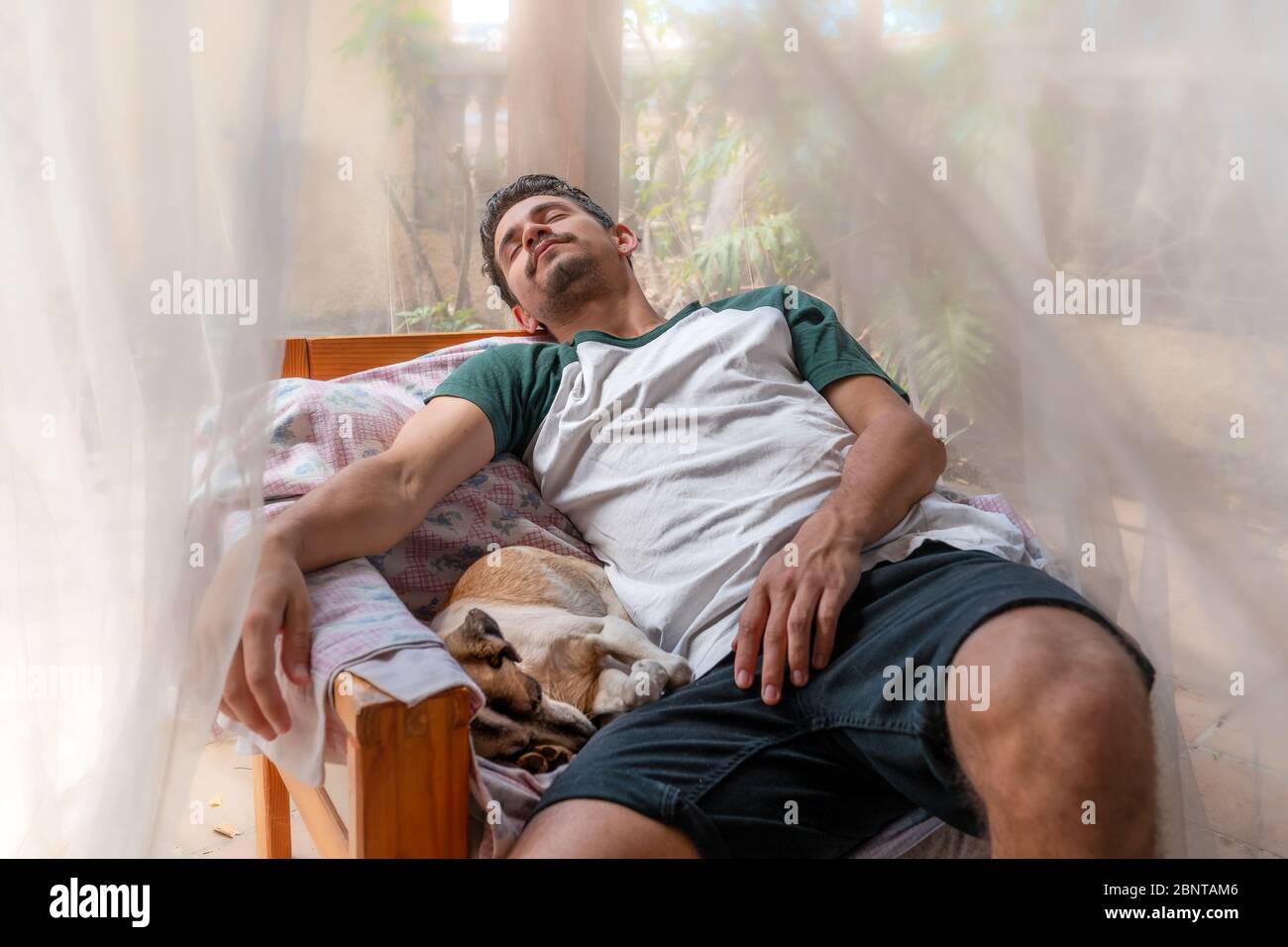 young man sleeps in an armchair in the garden under a mosquito net. A