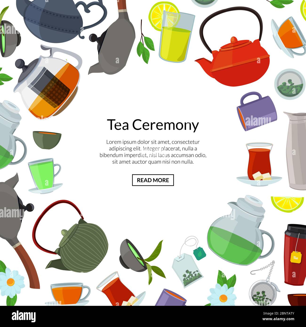 Vector cartoon tea kettles and cups background with place for text