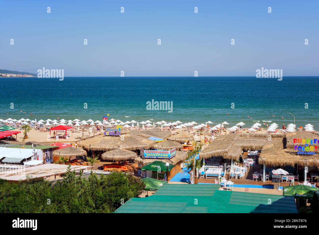 Sunny Beach, Bulgaria - August 8, 2019: View beach in Sunny Beach (Slanchev Bryag), the biggest resort On Bulgarian Black Sea Stock Photo