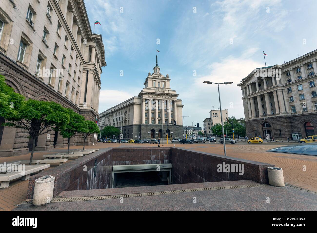 Sofia, Bulgaria - May 14, 2020: An architectural ensemble of three Socialist Classicism edifices in central Sofia, the capital of Bulgaria in Sofia - Stock Photo