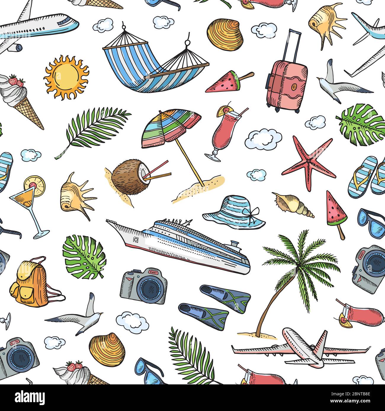 Vector hand drawn summer travel elements background or pattern ...
