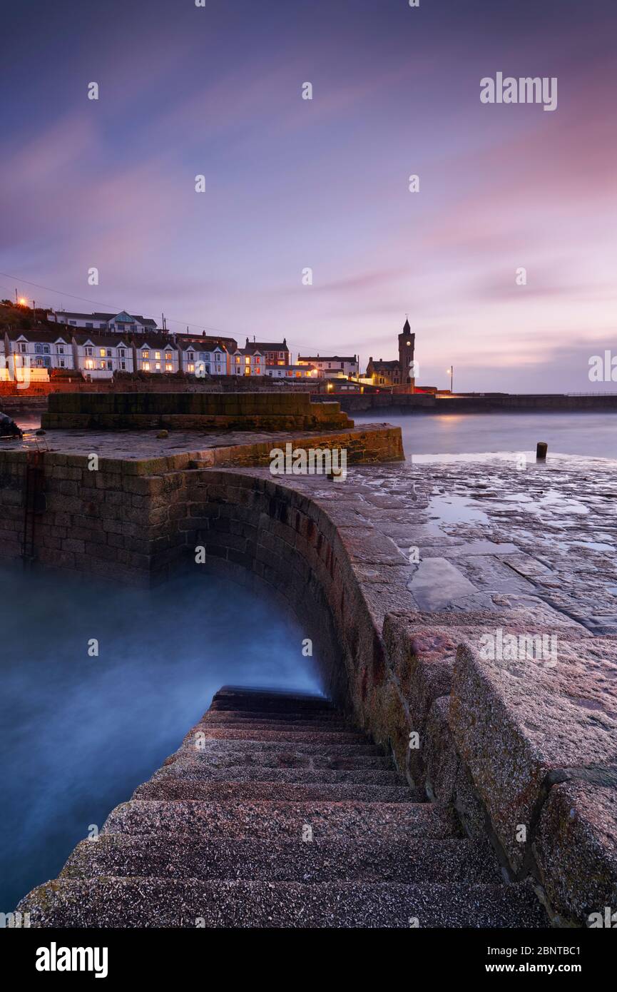 Twilight at Portleven Harbour, Cornwall Stock Photo