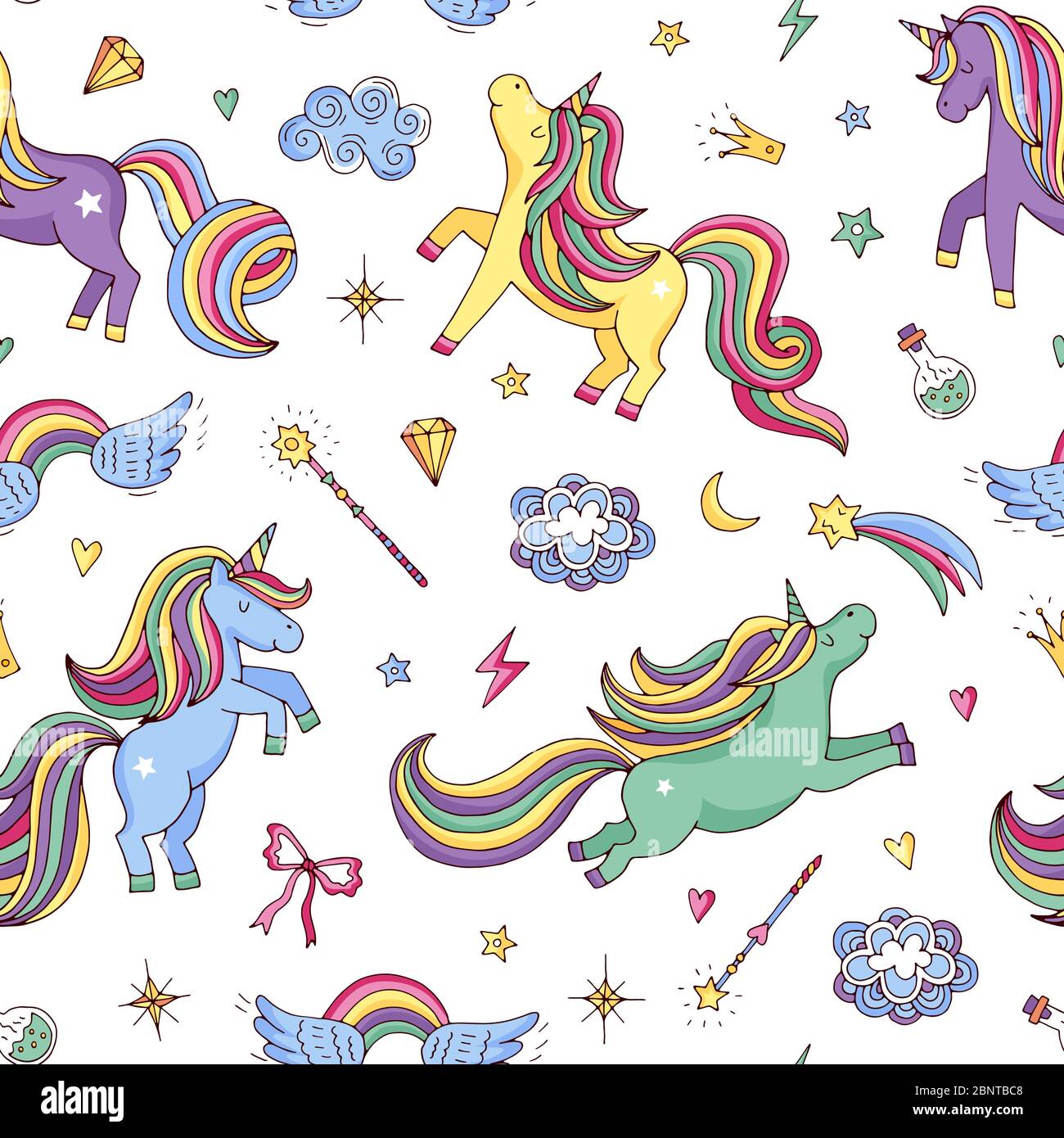 Vector cute hand drawn magic unicorns and stars pattern or background illustration Stock Vector