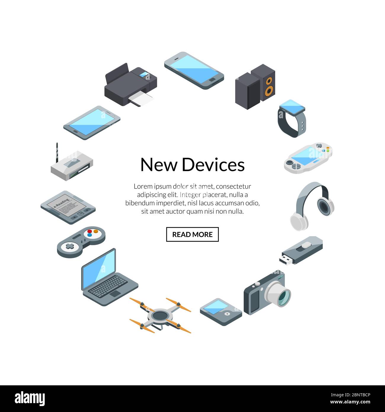 Gadset set label with text. Vector isometric gadgets icons Stock Vector